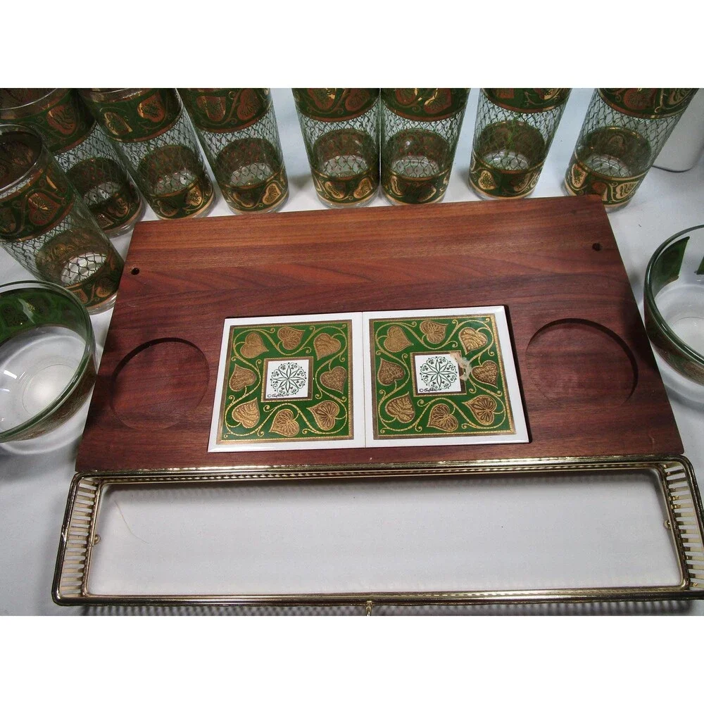 1960s Culver Highball Set, 8 Tumblers, 2 Bowls, Wood Tray, 22k Gold